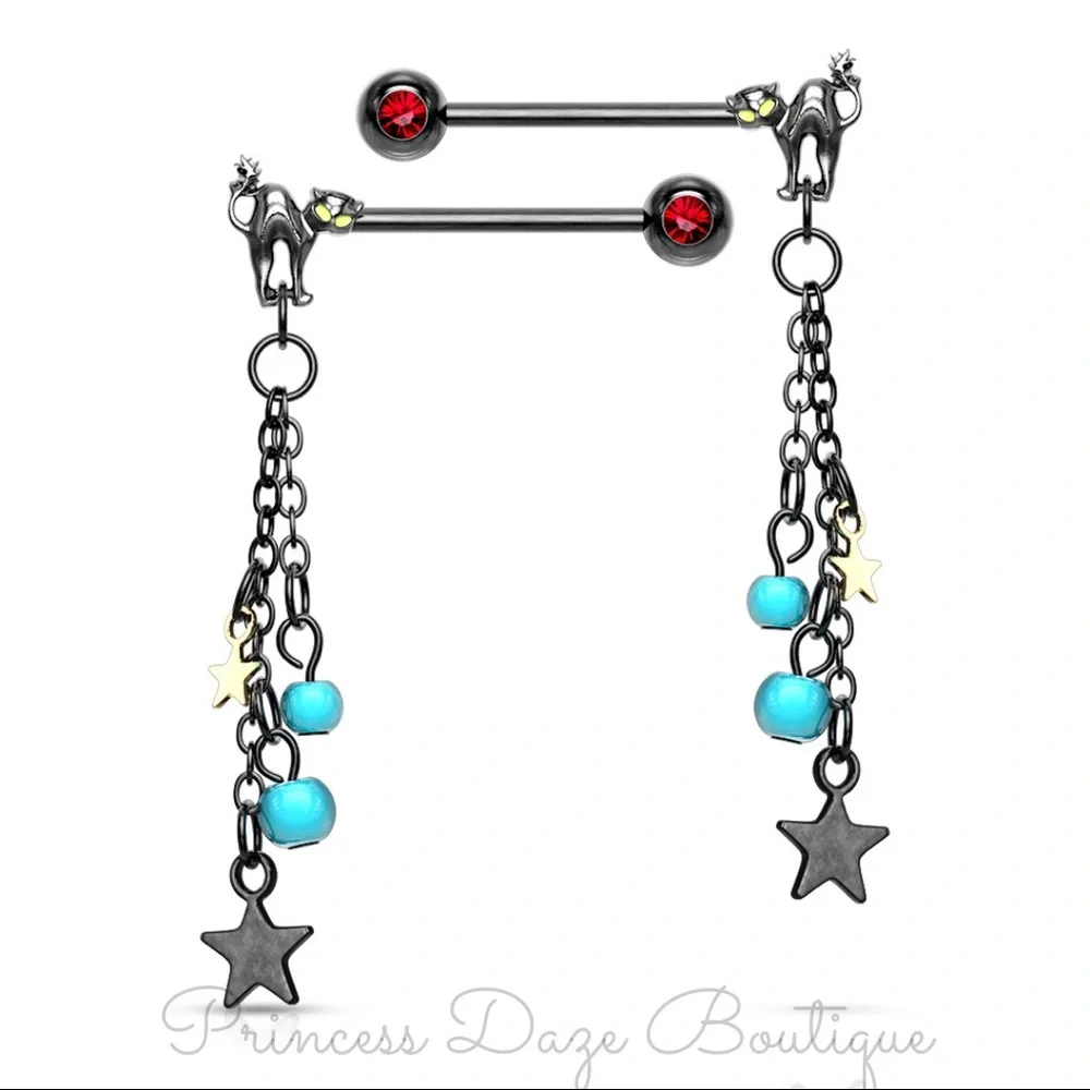 Black Cat Star Dangle Nipple Ring‎ Set